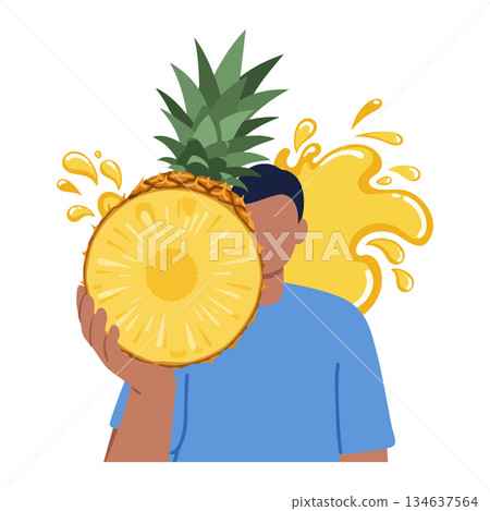 Man holding fresh pineapple fruit with juice splash and tropical summer vibes illustration vector 134637564