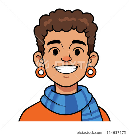 Smiling young person wearing orange shirt and striped blue scarf with earrings vector portrait illustration Smiling young person wearing orange shirt and striped blue scarf with earrings vector portrait illustration 134637575