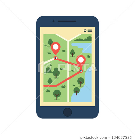 Smartphone mobile navigation app with route tracking and location pins digital vector design illustration 134637585