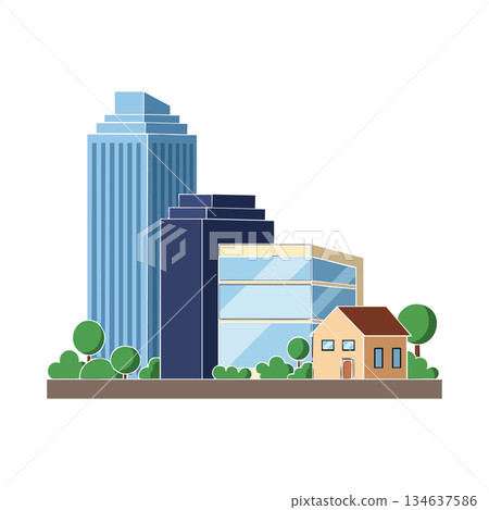 Modern cityscape with high-rise buildings and small house in urban environment vector illustration 134637586