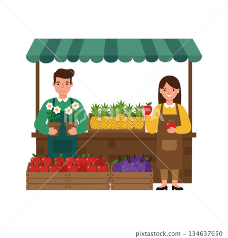 Farmers selling fresh fruits and plants at local market stall with apples pineapples and grapes vector illustration 134637650