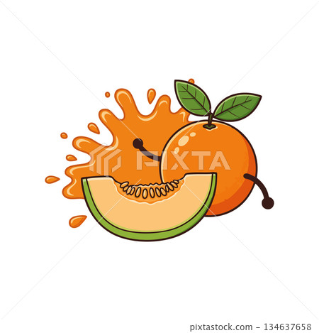 Orange fruit character with melon slice and juice splash playful vector illustration for healthy food concept 134637658