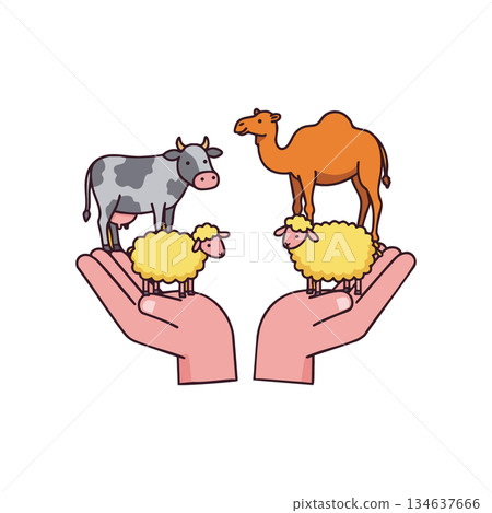 Farm animals cow camel sheep on hands protection concept vector illustration design natural care 134637666