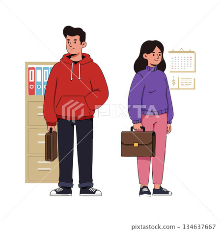 Young man and woman standing with briefcases in office environment casual clothing vector illustration Young man and woman standing with briefcases in office environment casual clothing vector illustration 134637667