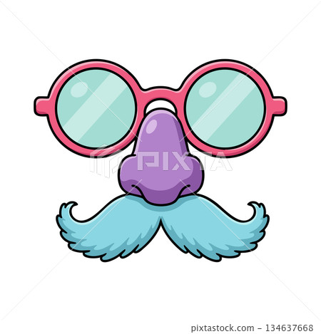 Funny novelty disguise glasses with purple nose blue mustache and pink frame vector illustration Funny novelty disguise glasses with purple nose blue mustache and pink frame vector illustration 134637668