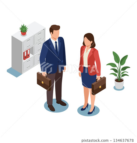 Businessman and businesswoman standing with briefcases near office cabinets and plants in corporate environment vector illustration Businessman and businesswoman standing with briefcases near office cabinets and plants in corporate environment vector illustration 134637678