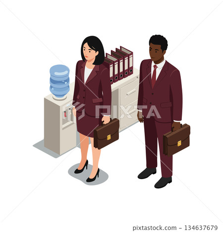 Business professionals in burgundy suits holding briefcases standing near water cooler in office environment 134637679