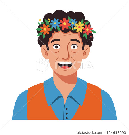 Man with floral crown smiling wearing blue shirt and orange vest cheerful joyful happy vector illustration Man with floral crown smiling wearing blue shirt and orange vest cheerful joyful happy vector illustration 134637690