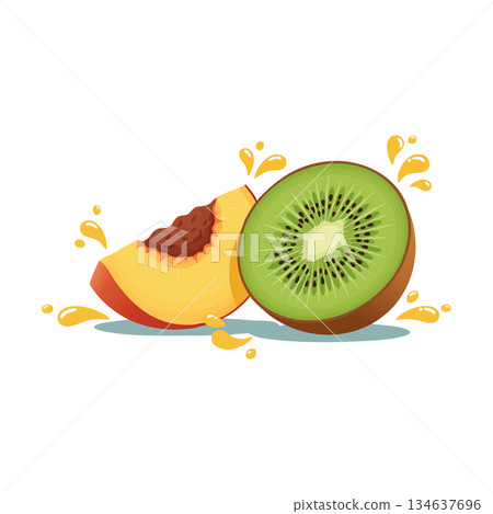 Kiwi and peach fruit slices with juice splash fresh healthy tropical vitamins vector illustration Kiwi and peach fruit slices with juice splash fresh healthy tropical vitamins vector illustration 134637696