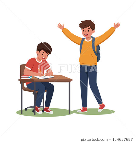 Two school boys studying and celebrating with backpack and desk in casual clothes vector illustration 134637697