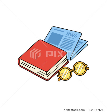 Red book with blue newspaper and round glasses vector illustration for reading and knowledge concepts 134637699