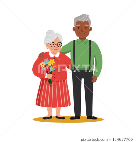 Elderly couple standing together holding flowers affectionate relationship love and companionship vector illustration 134637700