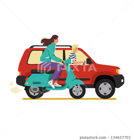 Woman riding turquoise scooter past red car with male driver casual urban transportation scene 134637701