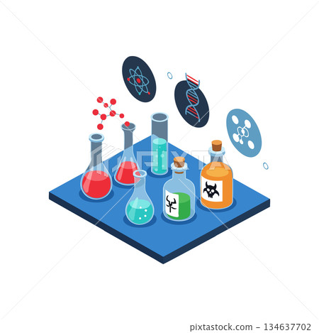 Laboratory chemical bottles with colorful liquids and scientific molecular symbols in vector style illustration Laboratory chemical bottles with colorful liquids and scientific molecular symbols in vector style illustration 134637702