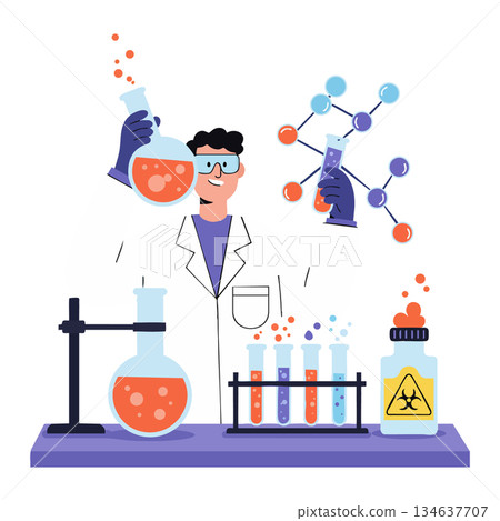 Scientist experimenting with chemical liquids in laboratory using test tubes and molecular model vector illustration Scientist experimenting with chemical liquids in laboratory using test tubes and molecular model vector illustration 134637707