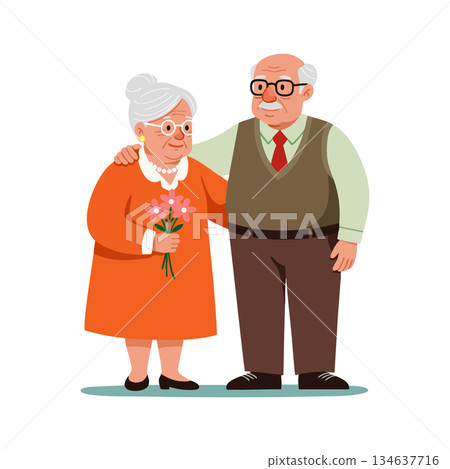 Elderly couple standing together with flowers happy senior man and woman in warm clothes smiling and embracing each other vector illustration Elderly couple standing together with flowers happy senior man and woman in warm clothes smiling and embracing each other vector illustration 134637716