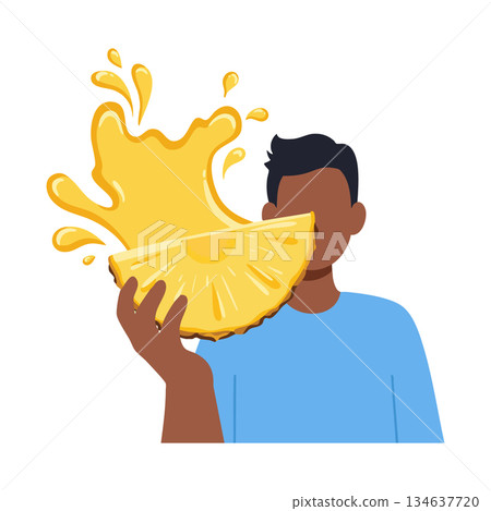 Man holding juicy yellow pineapple slice with juice splash vector illustration in flat style Man holding juicy yellow pineapple slice with juice splash vector illustration in flat style 134637720