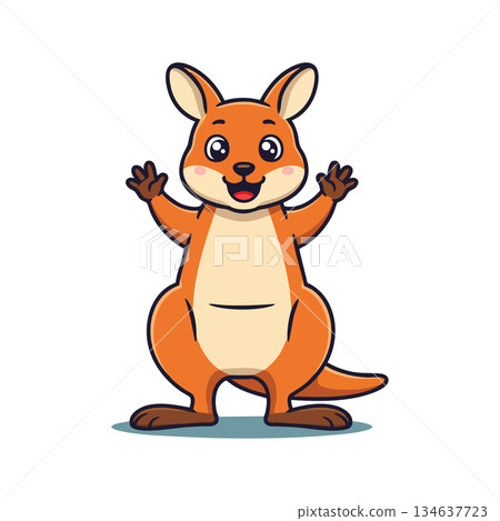 Happy cartoon kangaroo waving hands with big eyes standing on white background vector illustration Happy cartoon kangaroo waving hands with big eyes standing on white background vector illustration 134637723