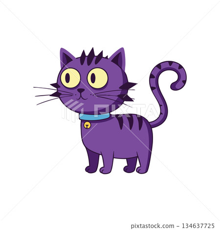 Purple cartoon cat with big yellow eyes and curled tail vector illustration for children and pet lovers 134637725