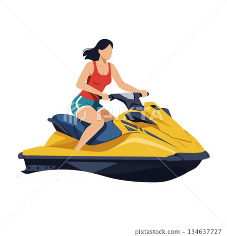 Woman riding yellow jet ski watercraft summer outdoor activity vector illustration 134637727