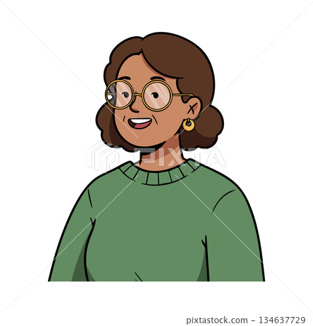 Elderly woman smiling wearing glasses and green sweater vector illustration of happy senior female character 134637729