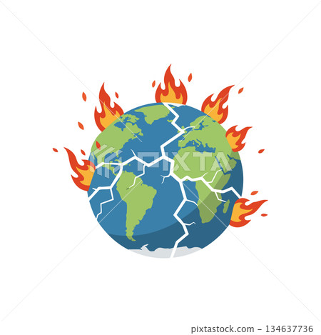 Earth planet cracked with fire flames vector illustration symbolizing global warming and environmental disaster Earth planet cracked with fire flames vector illustration symbolizing global warming and environmental disaster 134637736
