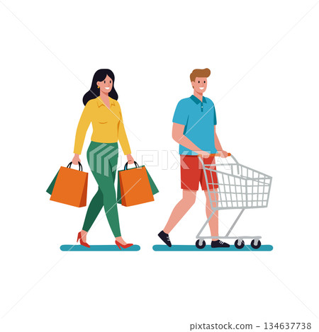 Couple shopping with bags and cart walking together in casual clothes vector illustration 134637738