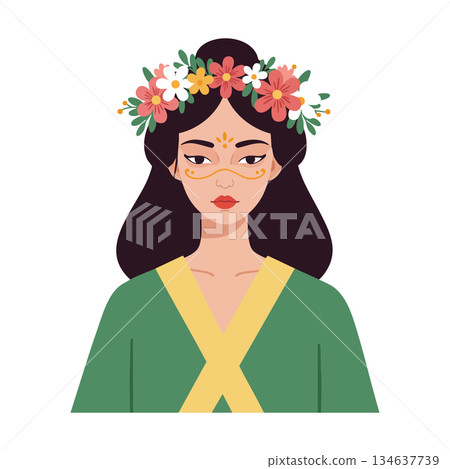 Woman wearing floral crown with yellow and green clothing vector illustration of serene female portrait with decorative face paint and long dark hair 134637739
