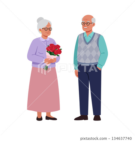 Elderly couple standing together with bouquet of red roses in hands happy senior man and woman celebrating love and companionship vector illustration 134637740