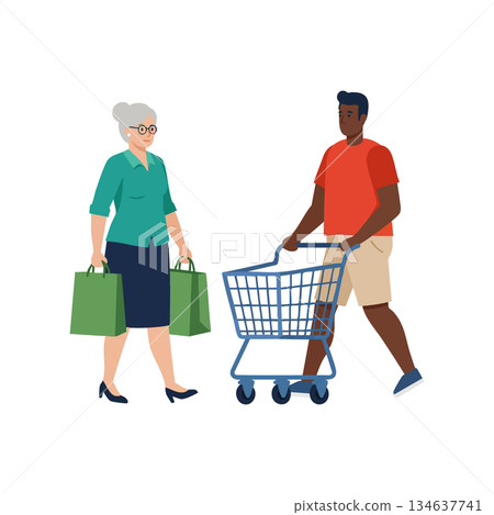 Elderly woman carrying shopping bags and young man pushing empty shopping cart vector illustration in casual clothing Elderly woman carrying shopping bags and young man pushing empty shopping cart vector illustration in casual clothing 134637741