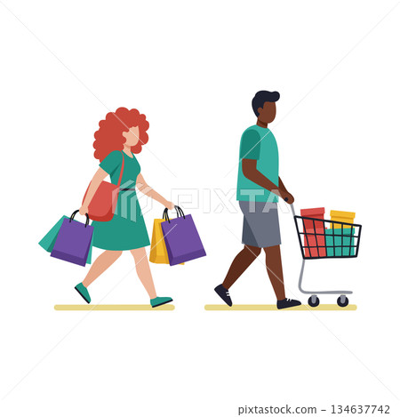 Man pushing shopping cart and woman carrying shopping bags walking in casual clothes vector illustration 134637742