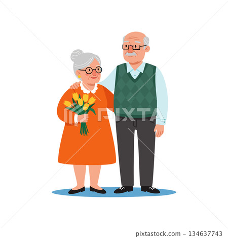 Elderly couple standing together with bouquet of yellow tulips in simple vector style illustration Elderly couple standing together with bouquet of yellow tulips in simple vector style illustration 134637743