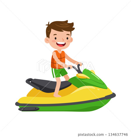 Boy riding green and yellow jet ski enjoying summer water sports fun outdoors vector illustration 134637746