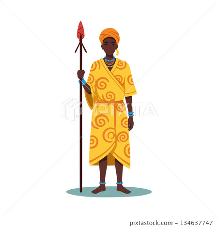 African warrior holding spear in traditional yellow clothing and turban standing confidently vector illustration 134637747