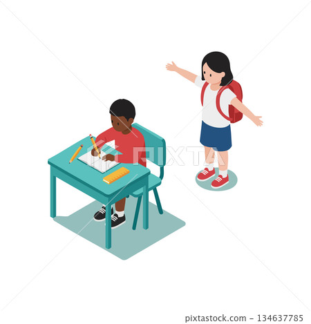 Children studying and playing in classroom with desk chair and school supplies vector illustration Children studying and playing in classroom with desk chair and school supplies vector illustration 134637785