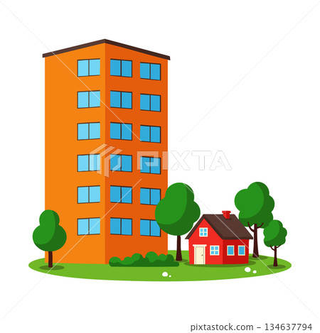 Orange apartment building and red house surrounded by trees and green grass vector design illustration Orange apartment building and red house surrounded by trees and green grass vector design illustration 134637794