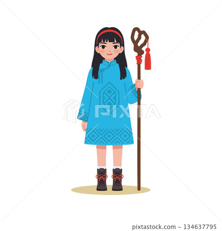 Girl wearing blue traditional dress holding wooden staff with red tassel standing vector illustration Girl wearing blue traditional dress holding wooden staff with red tassel standing vector illustration 134637795