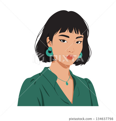 Young Asian woman with short black hair wearing green blouse and turquoise earrings vector portrait illustration Young Asian woman with short black hair wearing green blouse and turquoise earrings vector portrait illustration 134637798