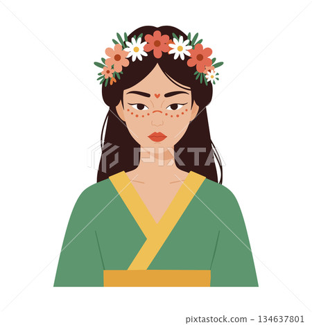 Woman with flower crown and traditional green and yellow robe in vector style portrait for cultural and lifestyle design 134637801
