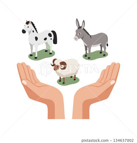 Farm animal care vector with horse donkey and ram protected by open hands illustration 134637802