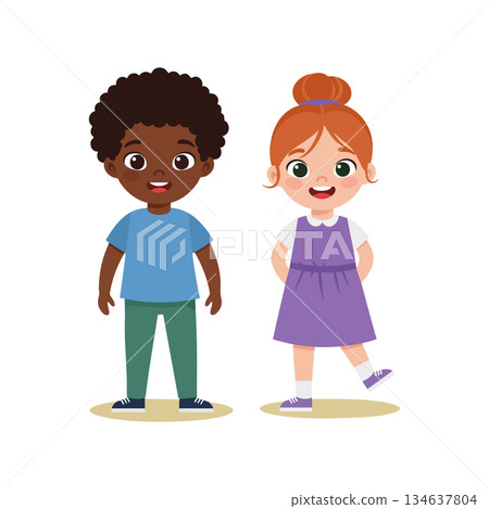 Two happy children standing together smiling boy and girl casual clothes friendly vector illustration 134637804