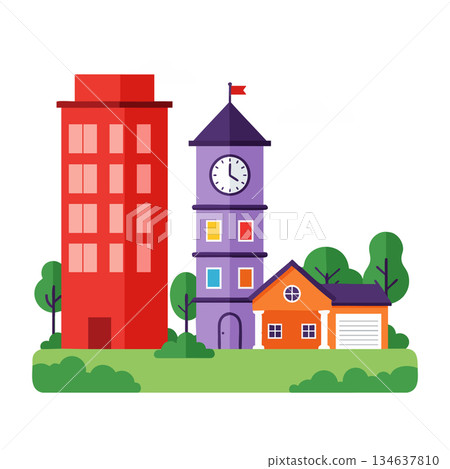 Colorful cityscape with red apartment, purple clock tower, and orange house surrounded by trees and greenery vector illustration Colorful cityscape with red apartment, purple clock tower, and orange house surrounded by trees and greenery vector illustration 134637810
