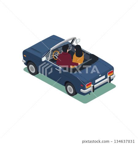 Couple driving blue convertible car leisure travel road trip vehicle transportation concept 134637831