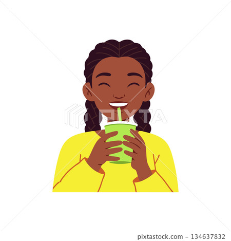 Girl drinking smoothie with braided hair wearing yellow sweater vector illustration in happy mood 134637832