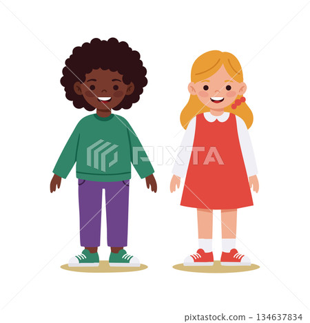 Two happy kids standing smiling together diverse children friendship vector illustration Two happy kids standing smiling together diverse children friendship vector illustration 134637834