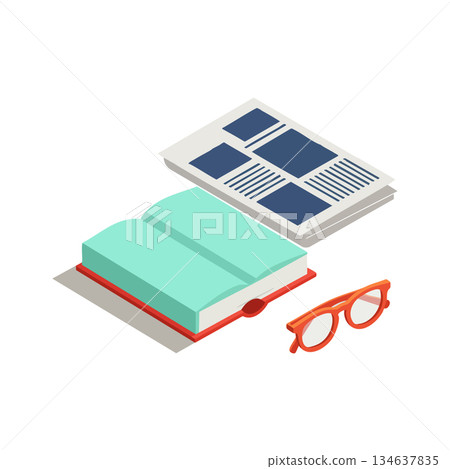 Open book with newspaper and orange eyeglasses flat design vector illustration for reading and education concept Open book with newspaper and orange eyeglasses flat design vector illustration for reading and education concept 134637835