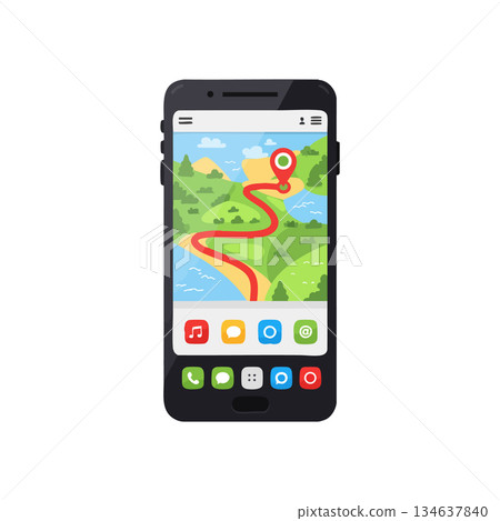 Smartphone with navigation map and red route tracking showing travel path and location pin on green landscape vector illustration 134637840