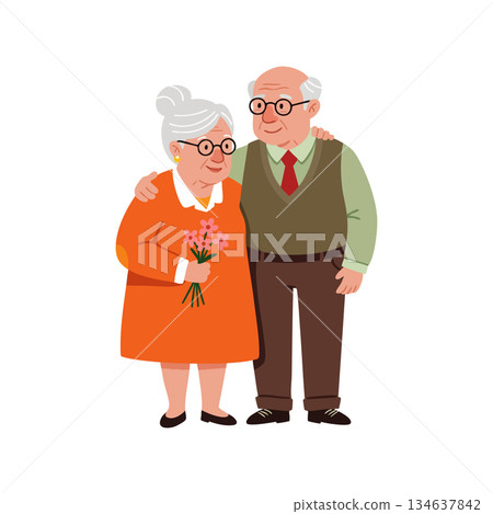 Elderly couple embracing with flowers in hand showing love and companionship in senior lifestyle illustration Elderly couple embracing with flowers in hand showing love and companionship in senior lifestyle illustration 134637842