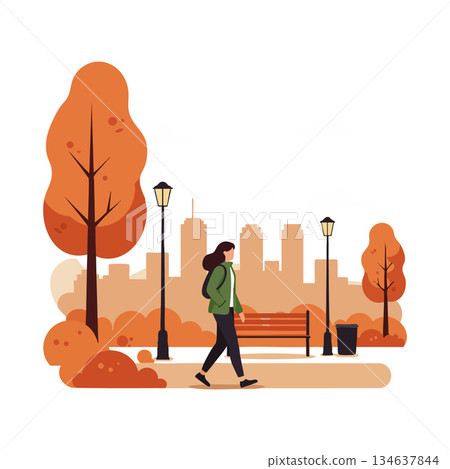 Woman walking in autumn park with orange trees and city skyline background vector illustration Woman walking in autumn park with orange trees and city skyline background vector illustration 134637844