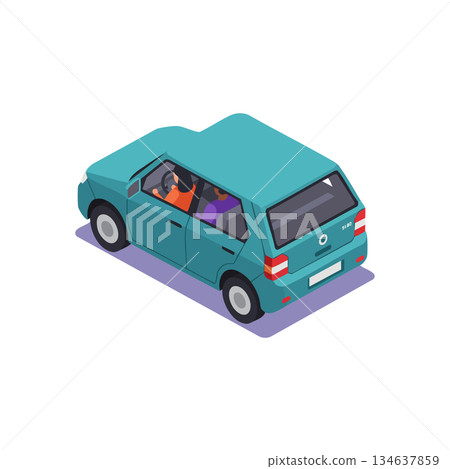 Blue compact car with driver and passenger isometric view vector illustration for transportation and travel concepts 134637859